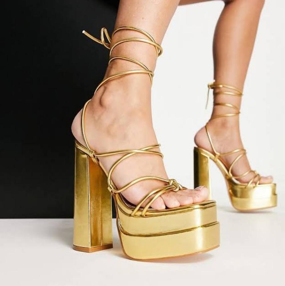 Public Desire Glow Girl platform heel sandals in metallic gold size 7
